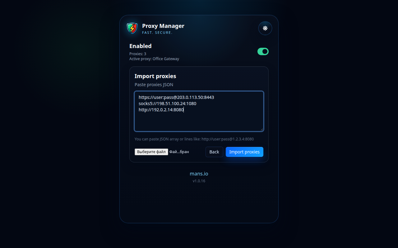 Screen ng pag-import ng Proxy Manager