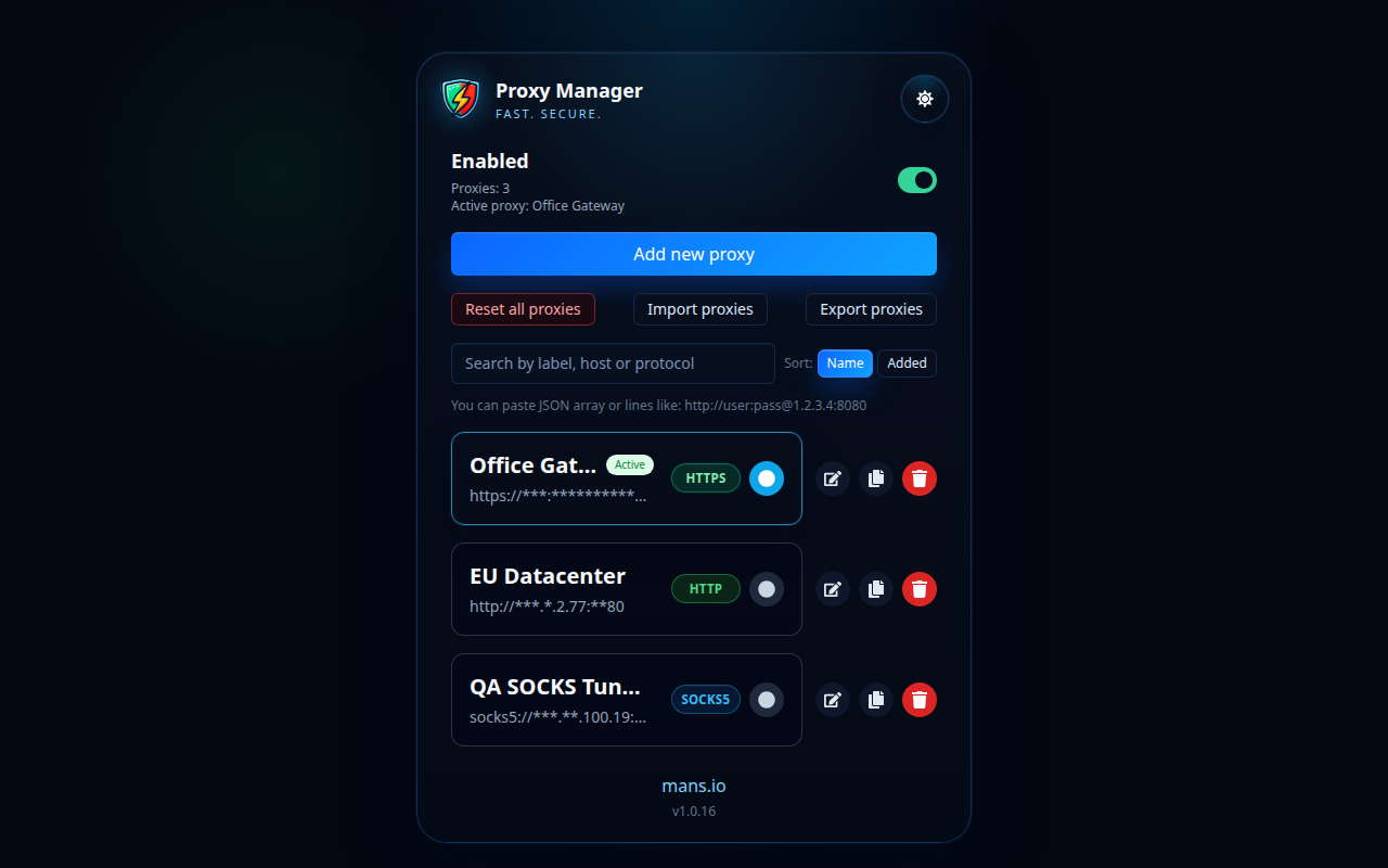 Listahan ng profile ng Proxy Manager